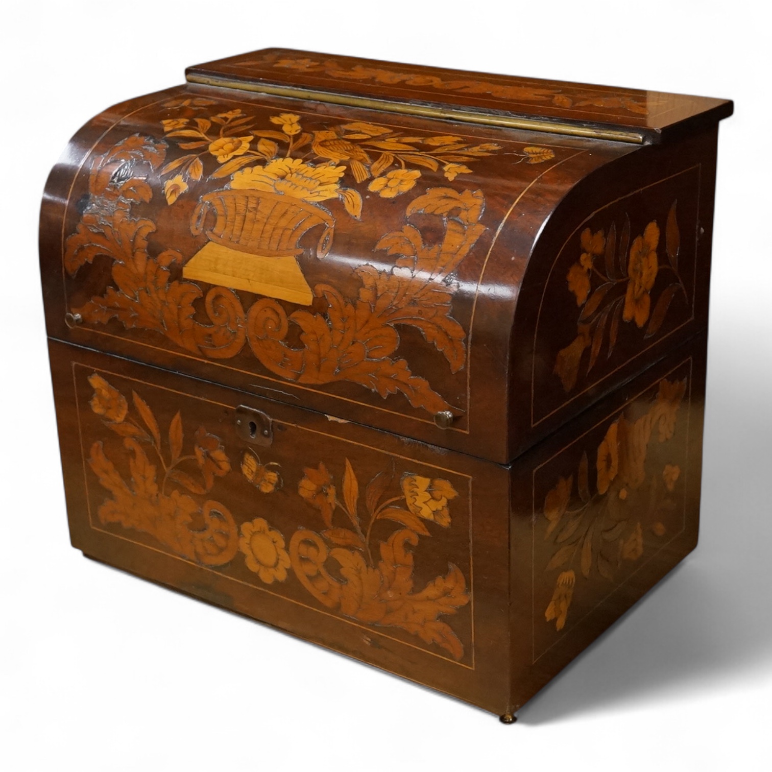A 19th century Dutch, dome fronted, marquetry mahogany decanter box, velvet lined, 28cm wide